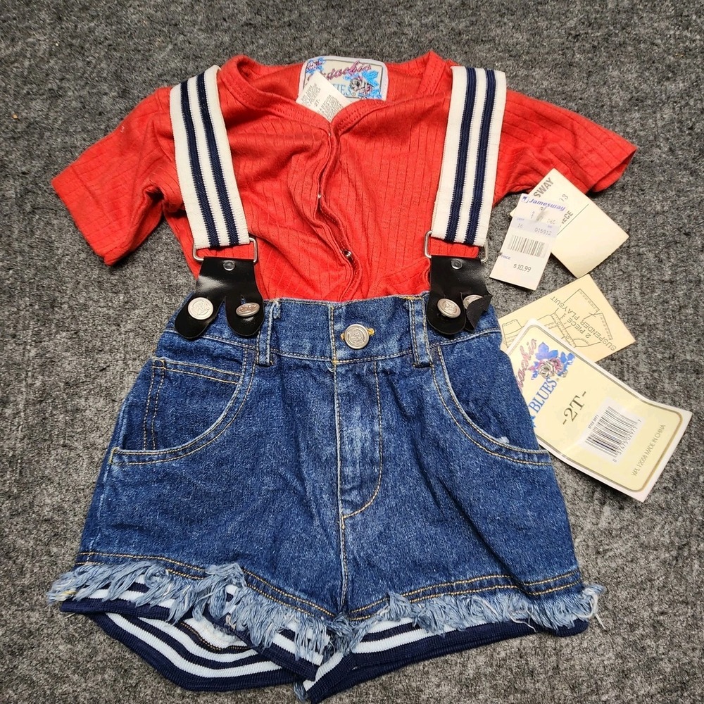 Pistachio Blues Vintage Toddler 2pc Suspender Playsuit Shirt Shorts 2T NOS